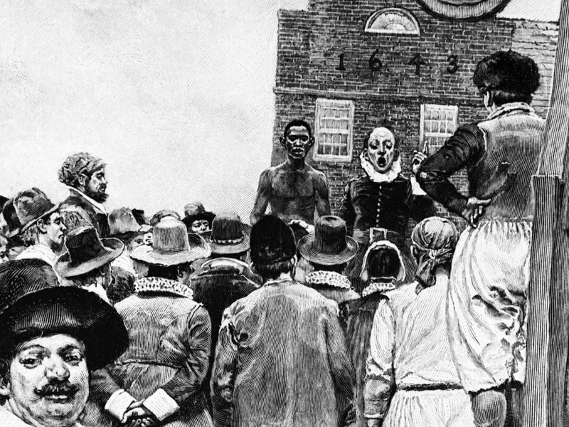 Illustration of the New York slave market. (Corbis)